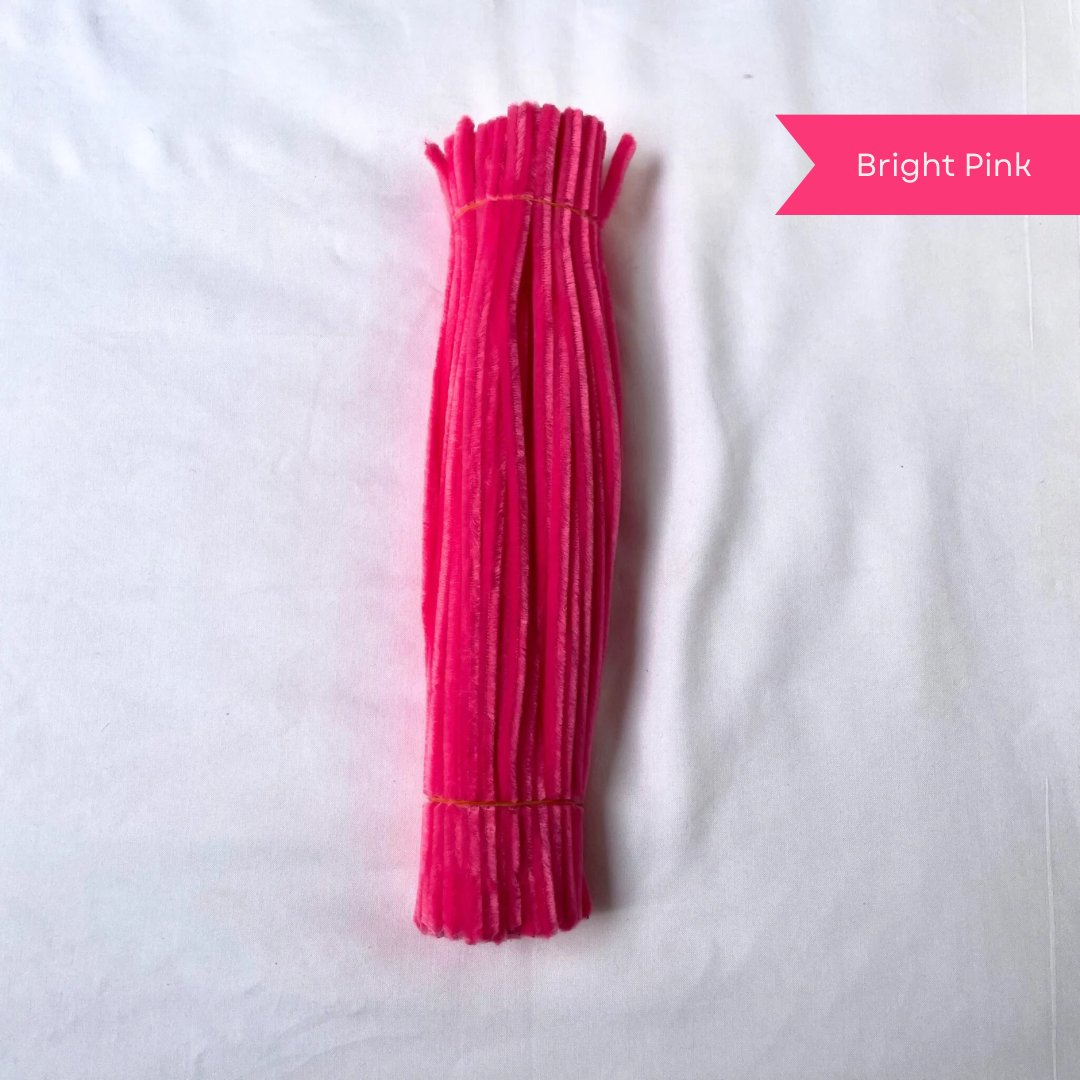 A bunch of bright pink pipe cleaners on a white background with 'Bright Pink' label, available in 50 piece or 100 piece packs.