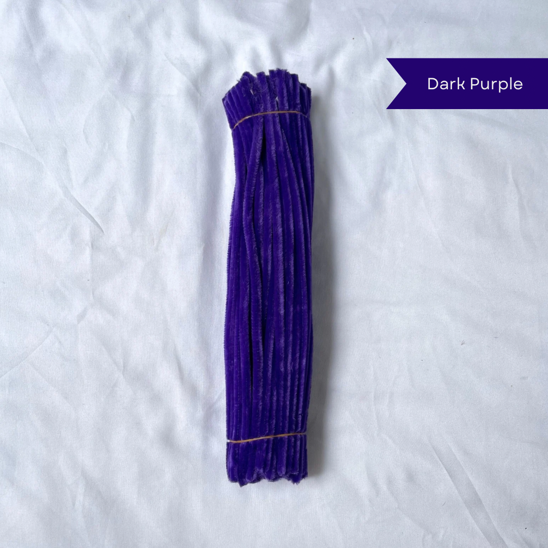 A bundle of Dark purple pipe cleaners on a white background with 'Dark Purple' label available in 50 piece or 100 piece packs.