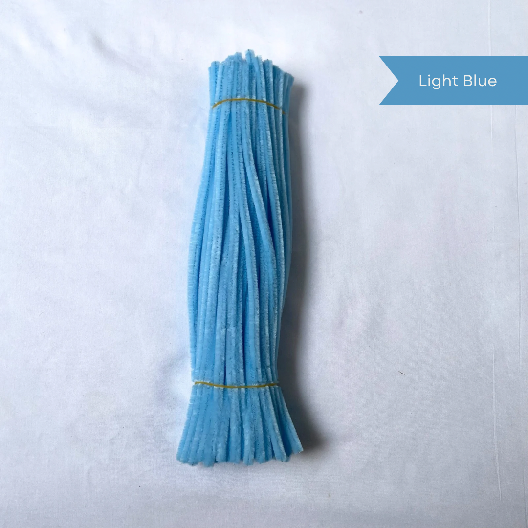 A bunch of light blue pipe cleaners on a white background with 'Light Blue' label available in 50 piece and 100 piece packs
