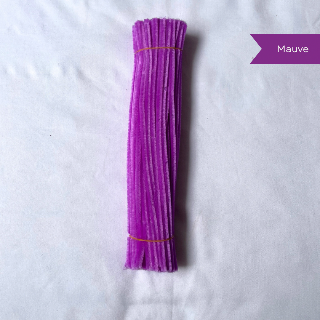 A bunch of mauve pipe cleaners on a white background with 'Mauve' label, available in 50 piece or 100 piece packs.