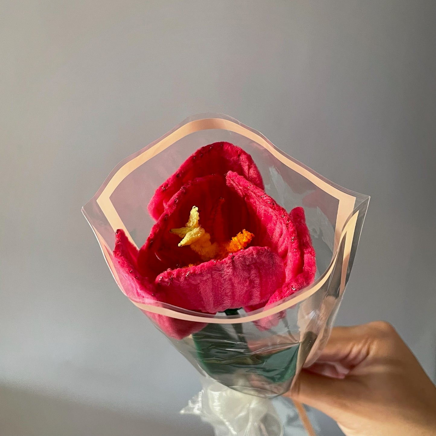 top angle shot of single pink tulip showcasing the opening of petals