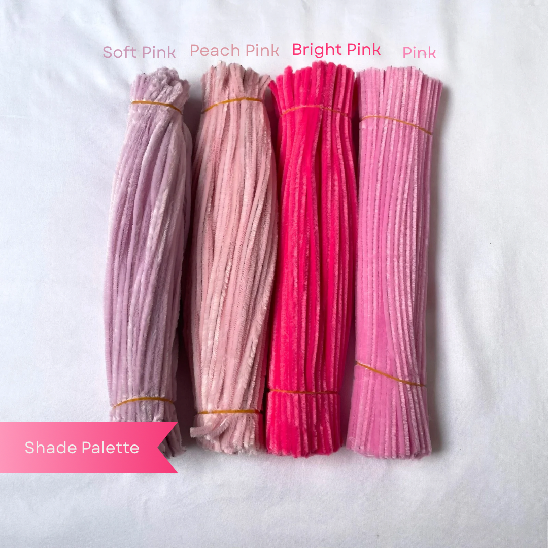 Four bundles of pink pipe cleaners labelled 'Soft Pink', 'Peach Pink', 'Bright Pink', and 'Pink' on a white background.