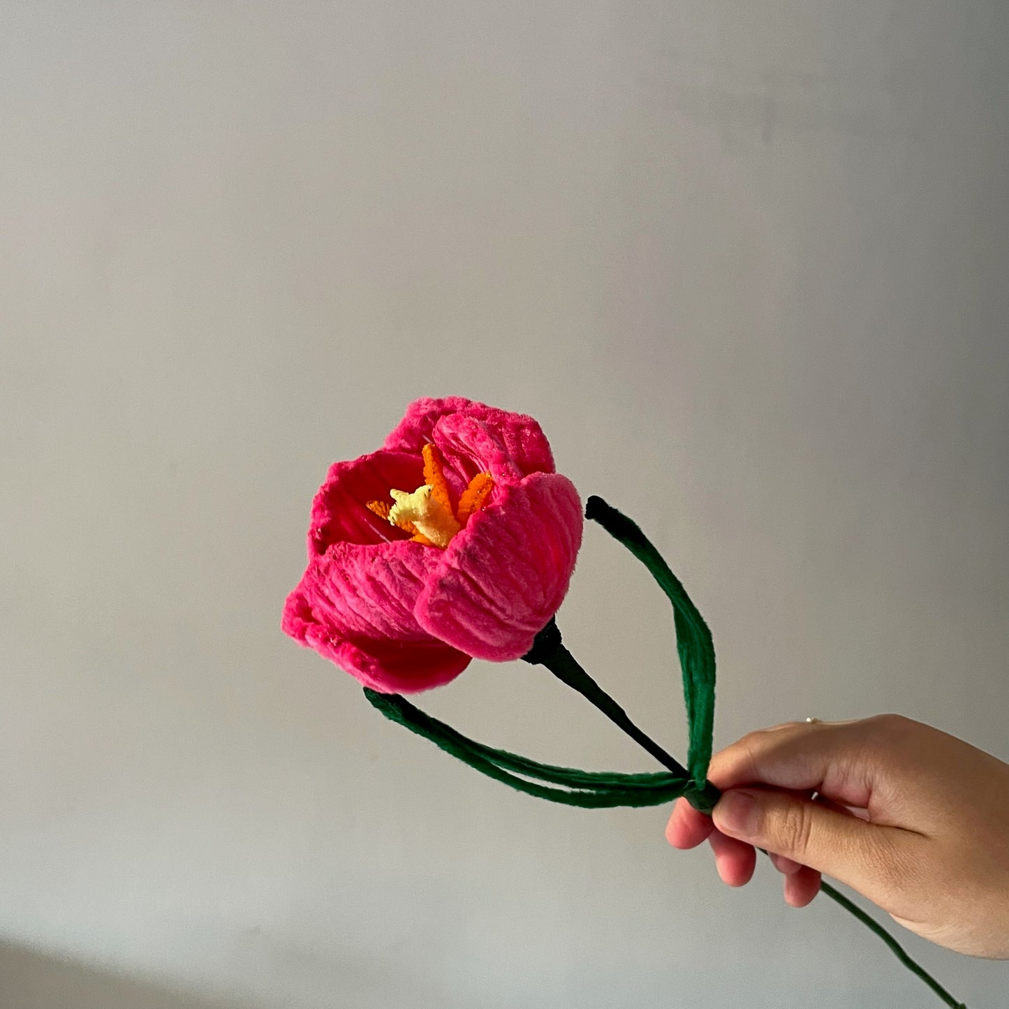 pollen of the pink tulip made with pipe cleaners