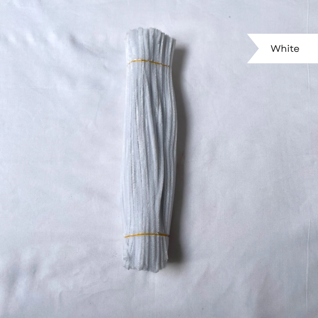 a bundle of White pipe cleaners on a white background with a label  'White' available in 50 piece and 100 piece packs