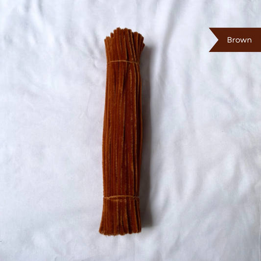 Brown bundle of pipe cleaners on a white background with 'Brown' label, available in 50 piece or 100 piece packs.