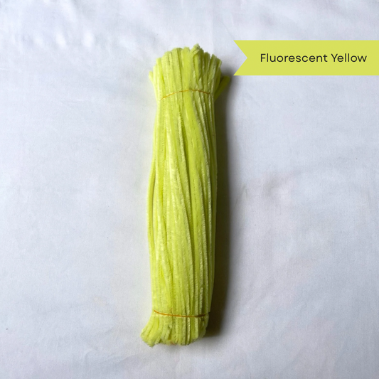 A bundle of Fluorescent yellow pipe cleaners on a white background with 'Fluorescent Yellow' label  available in 50 piece or 100 piece packs.