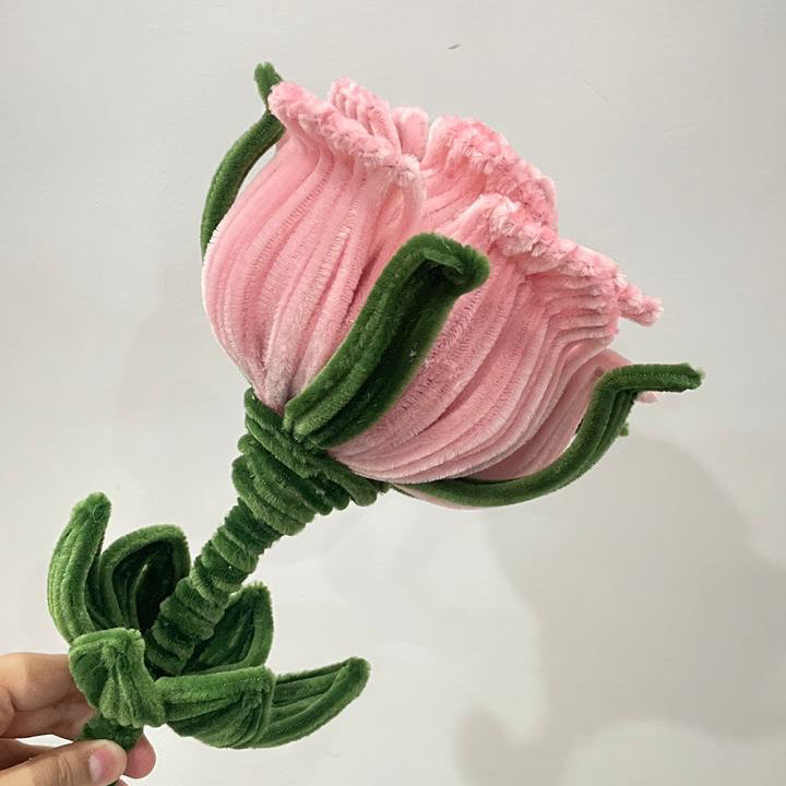 Large size rose in peach pink and moss green leaves made with craft pipe cleaners