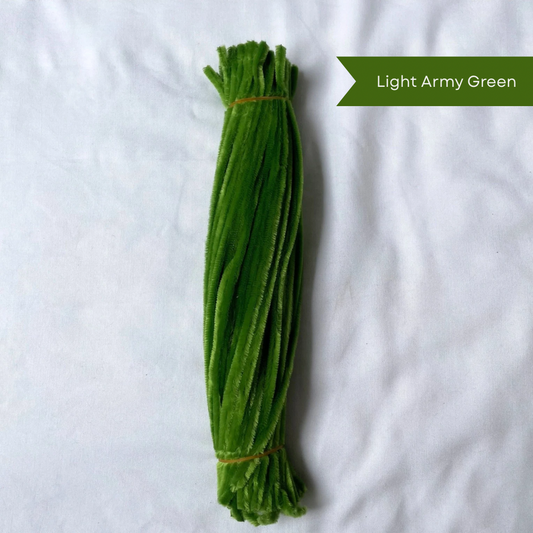 A bunch of light army green pipe cleaners on a white background, available in 50 piece or 100 piece packs.