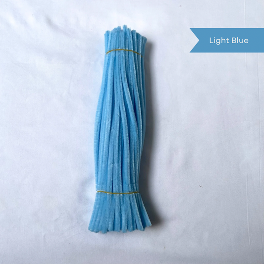 A bunch of light blue pipe cleaners on a white background with 'Light Blue' label available in 50 piece and 100 piece packs