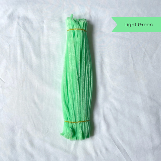 A bundle of light green pipe cleaners on a white background with 'Light Green' label available in 50 piece or 100 piece packs.