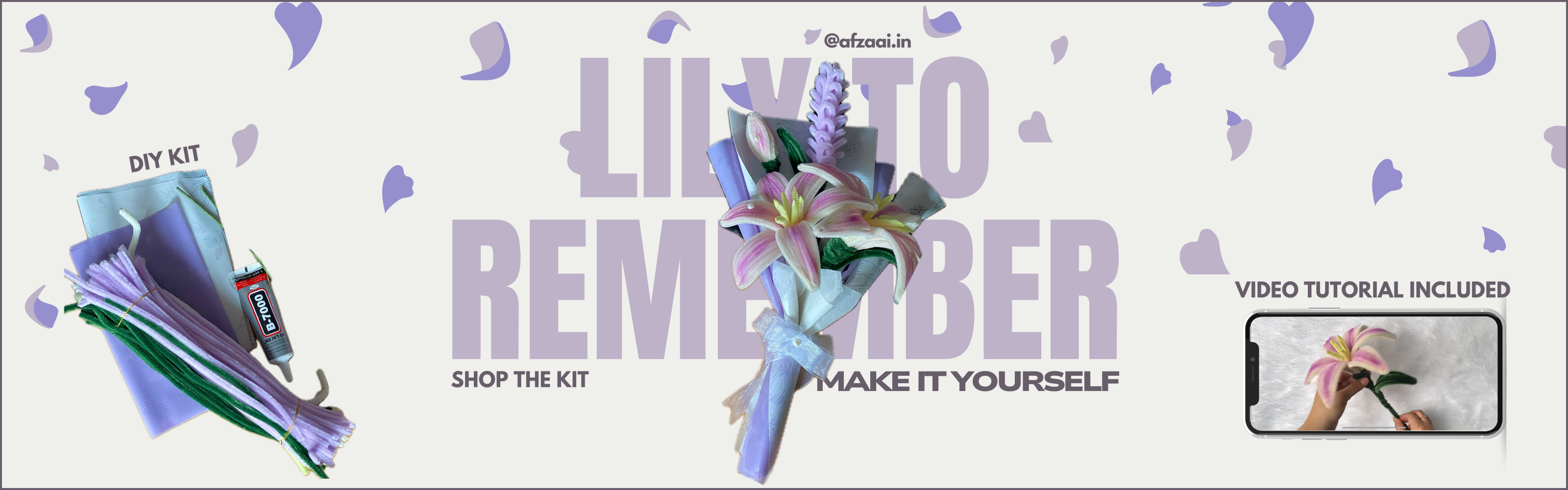 Promotional banner for Lily to remember the DIY kit to make lily flowers and text on a light purple background