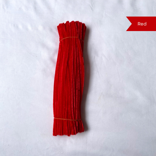 Bundle of Red pipe cleaners on a white background with a red label indicating color available in 50 piece or 100 piece packs.