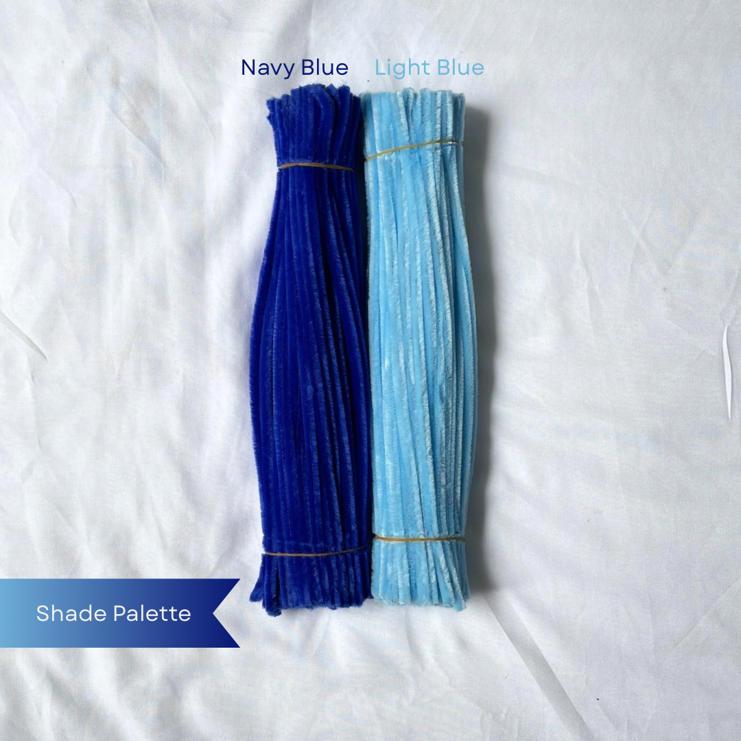 Two bundles of blue pipe cleaners, one navy and one light blue, on a white background, available in 50 piece or 100 piece packs.