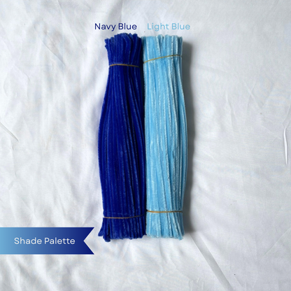 Two bundles of blue pipe cleaners, one navy and one light blue, on a white background, available in 50 piece or 100 piece packs.