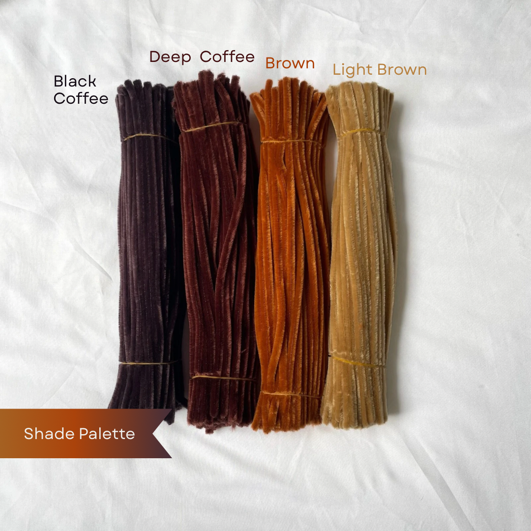 Three bundles of brown pipe cleaners labelled 'Black Coffee', 'Deep Coffee', and 'Brown' on a white background.