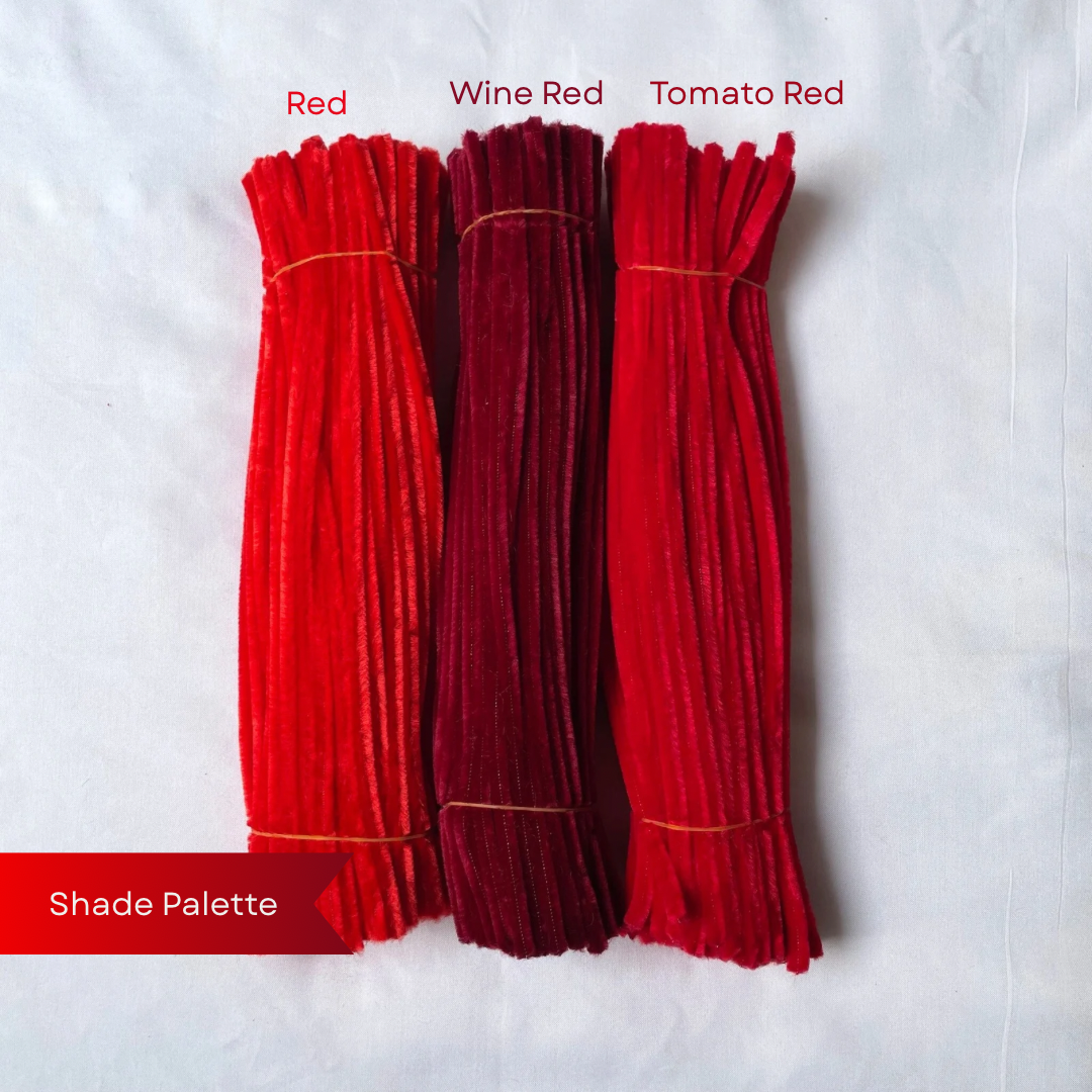 Three bundles of red pipe cleaners labelled 'Bright Red', 'Wine Red', and 'Hot Red' on a white background, available in 50 piece or 100 piece packs.